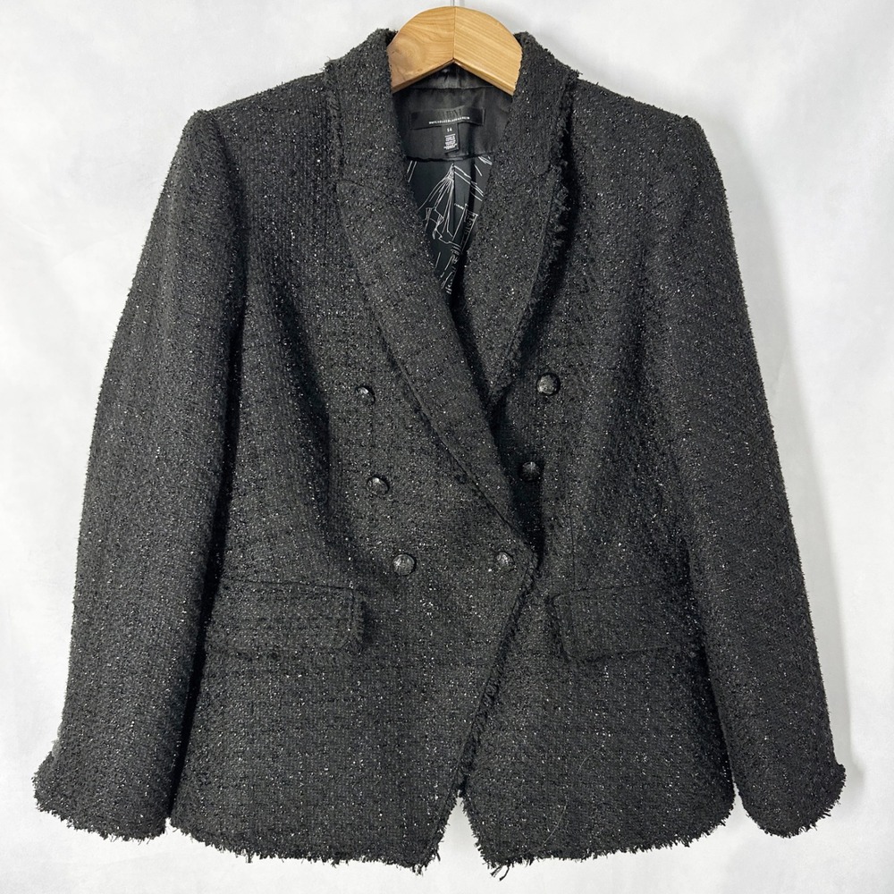 WHBM Black Shimmer Metallic Fringe Double Breasted Blazer Jacket women's size 14
